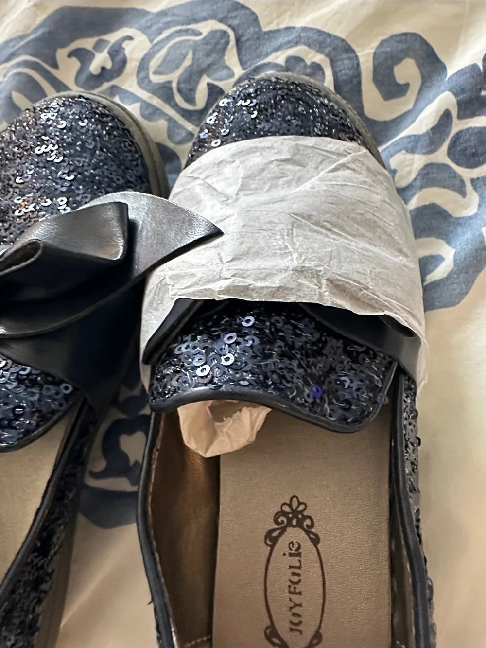 Joyfolie Navy Sequin Bow Slip-On Loafers